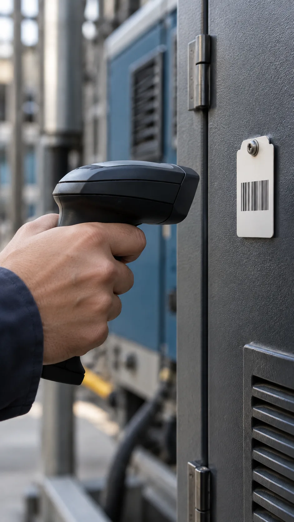 Handheld scanner reading an equipment identification tag