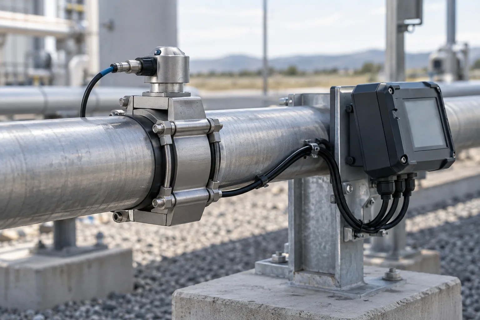 Illustrative field measurement sensor and data logger mounted beside a utility pipe