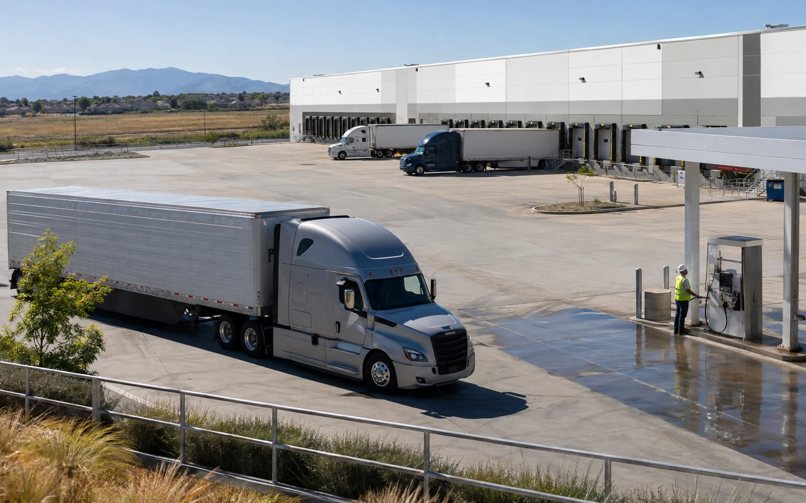 Illustrative diesel freight operations center with a fueling area