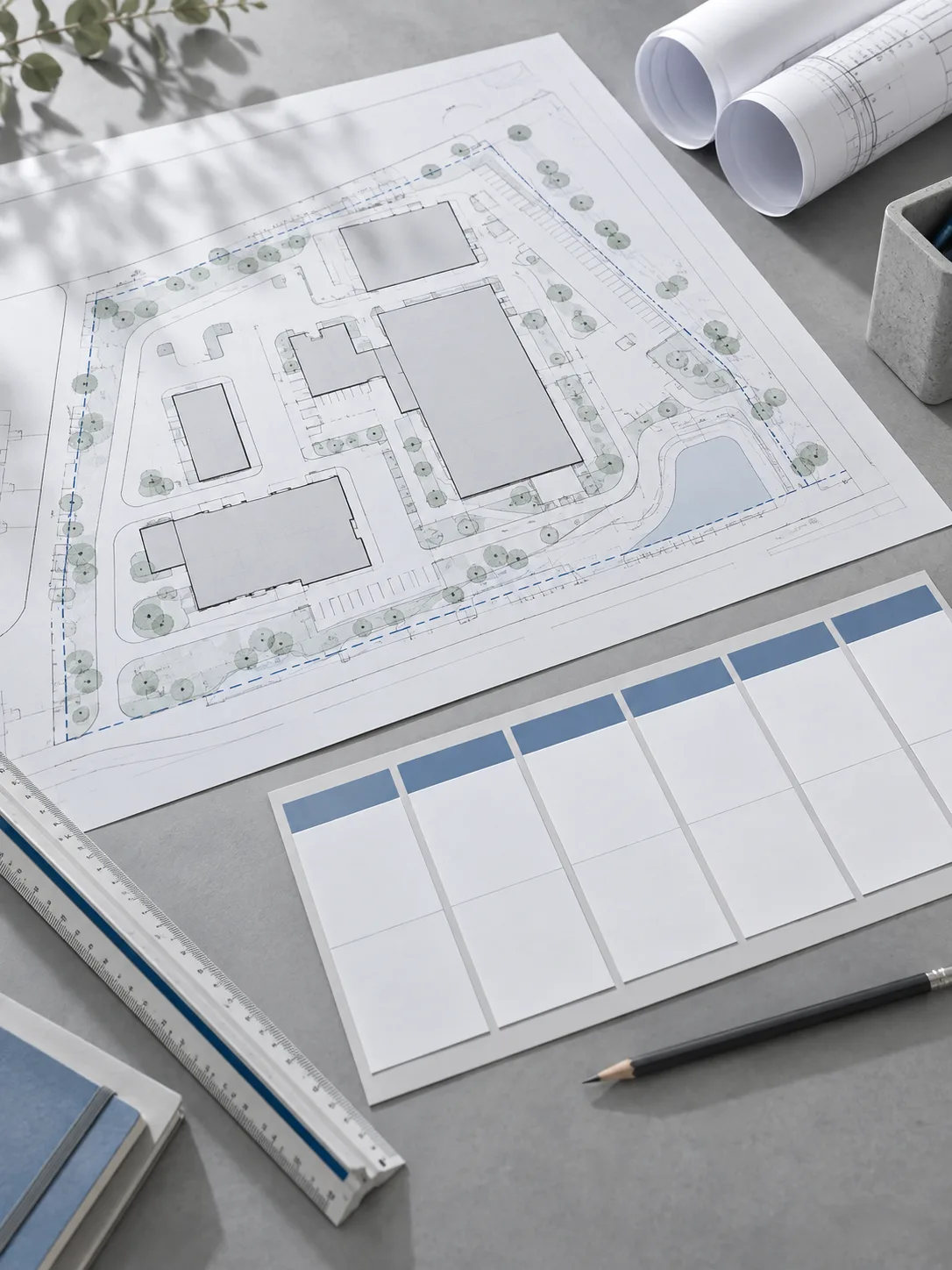 Site plan with scheduling cards and measuring scale