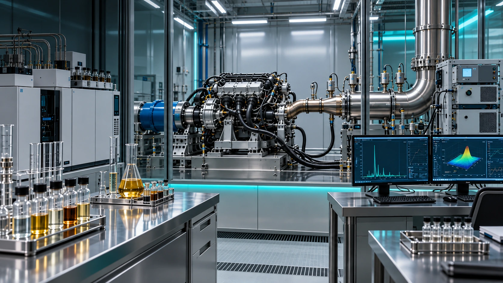 Fuel research laboratory with an engine test bench, sample bottles, and analysis monitors