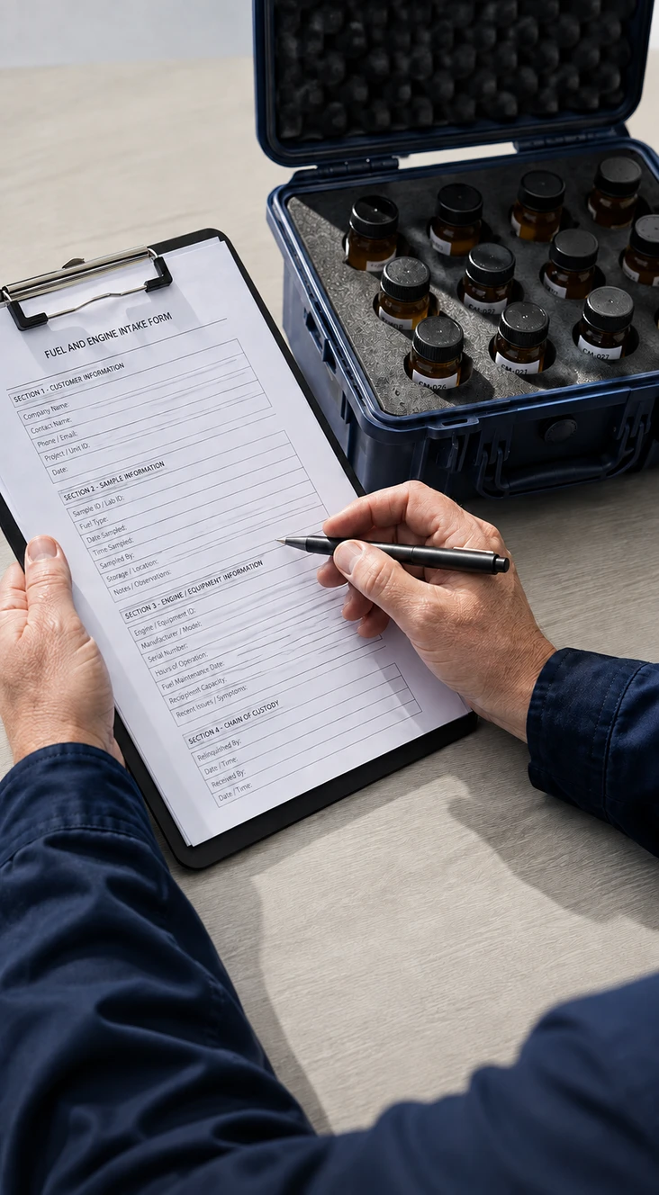 Illustrative sample intake for fuel-additive research and application