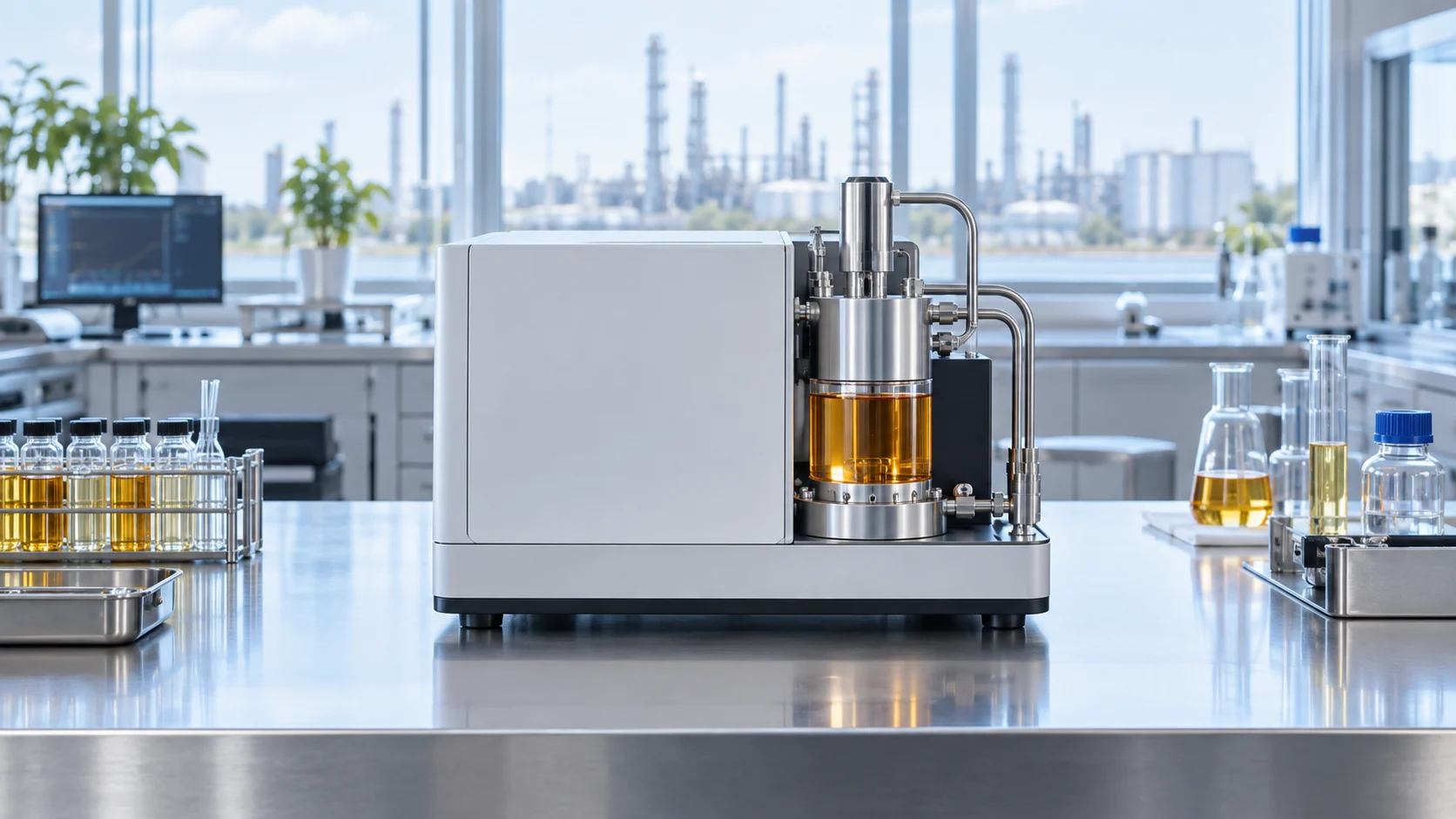 Illustrative laboratory bench with fuel analysis equipment and amber liquid samples