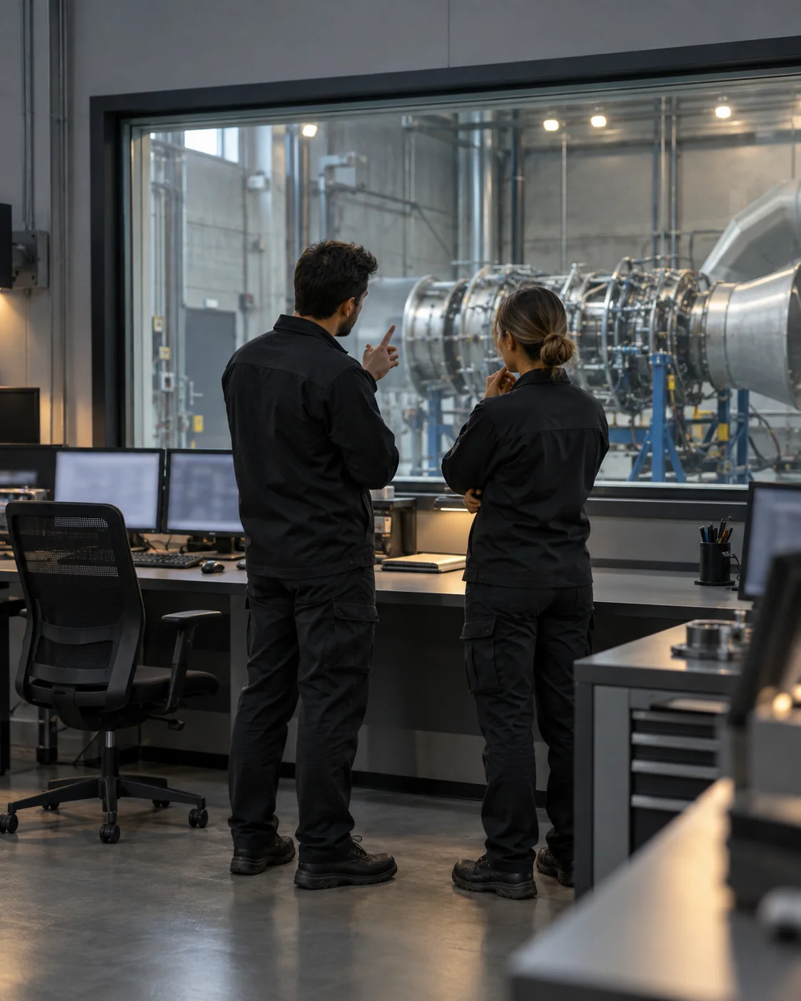 Illustrative engineers discussing a test rig from an observation room