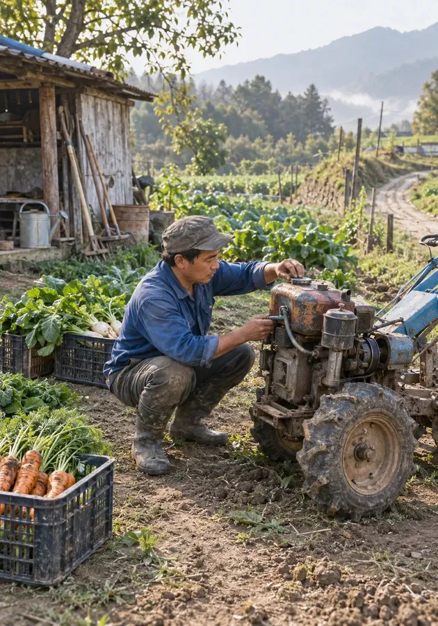 Smallholder farmer checking a working tractor beside a fresh harvest