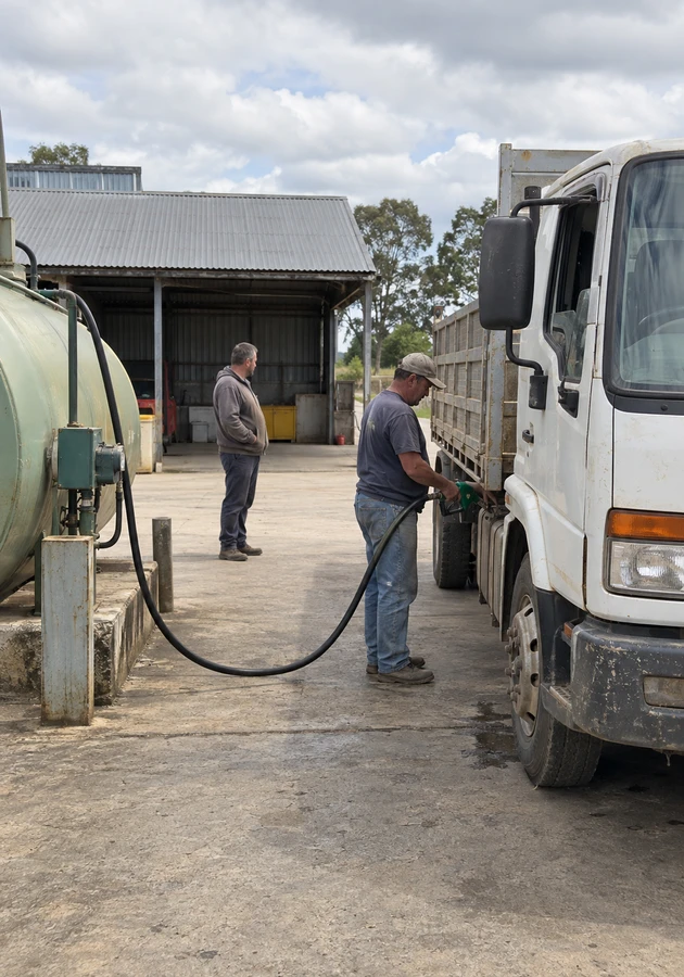 Fuel attendant filling a working diesel truck at a local fuel depot