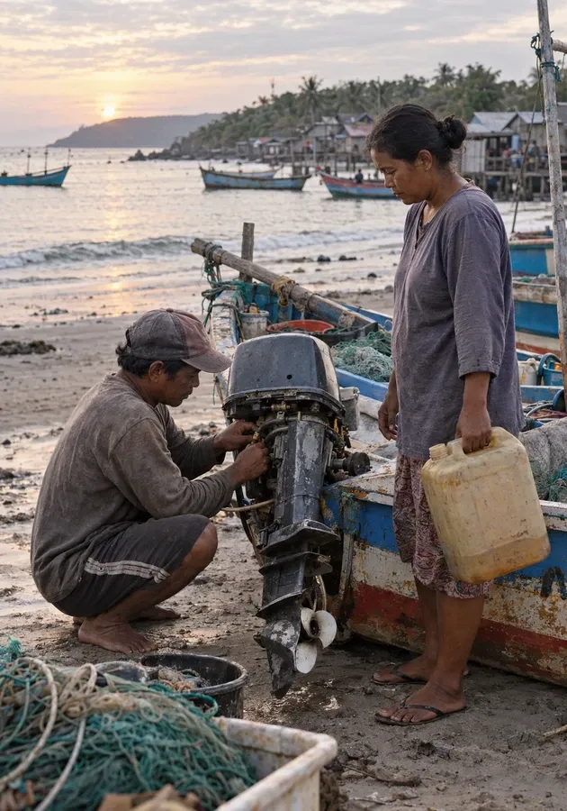 Small-scale fishers preparing a working boat and outboard for a livelihood voyage