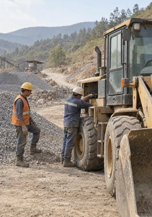 Construction workers checking a well-used wheel loader at a quarry site