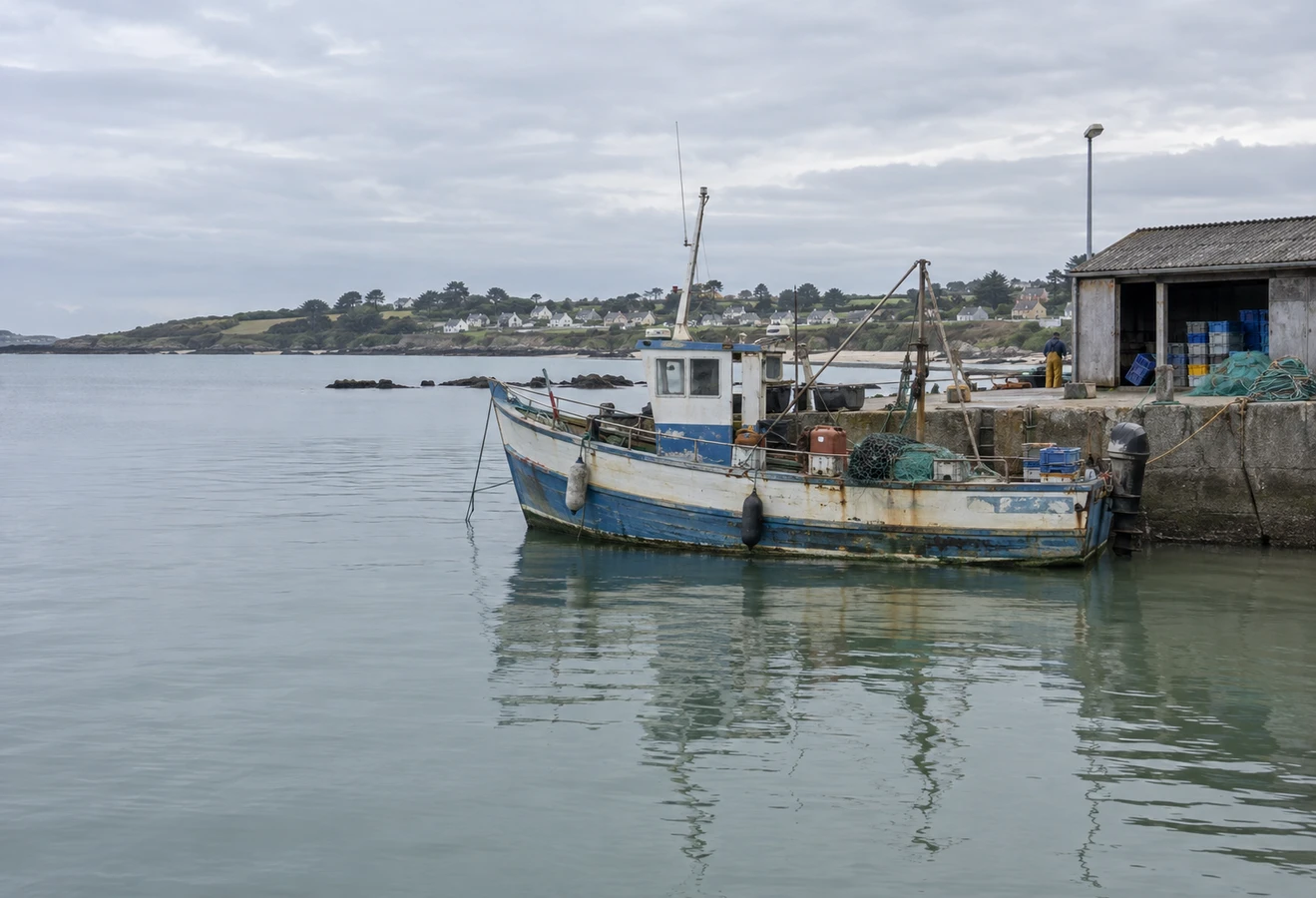 Working diesel fishing boat moored at a small coastal landing before departure