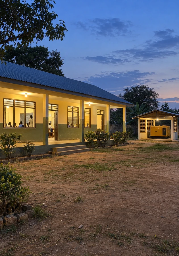 Rural school lit for an evening study session with a separate generator shelter