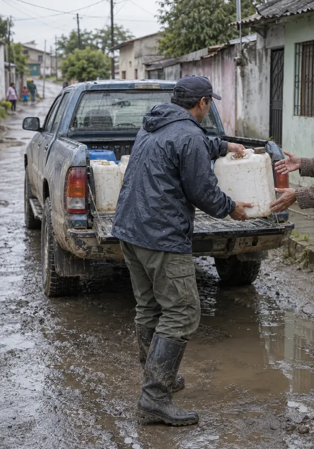 Emergency response workers delivering water and supplies to a neighborhood