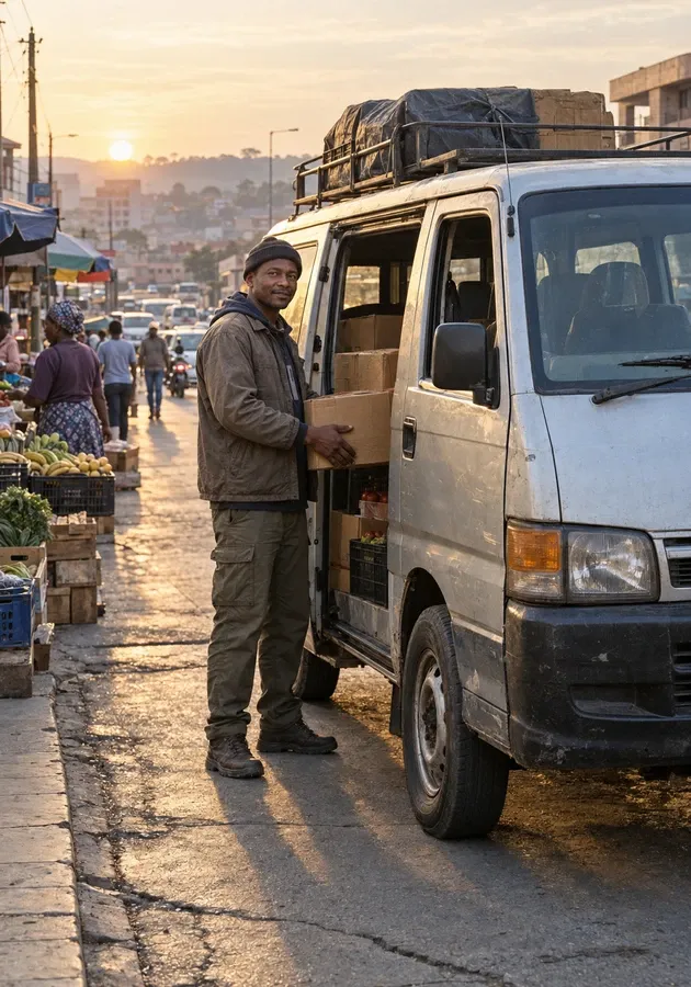Local delivery driver preparing a paid route beside a well-used cargo van