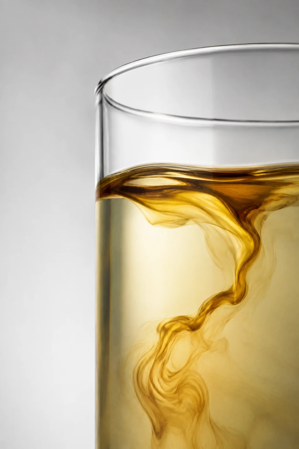 Amber additive dispersing through clear liquid in a glass vessel