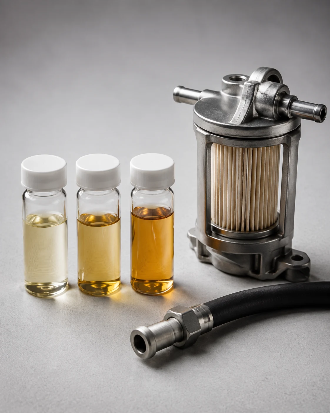 Fuel sample vials beside a vehicle fuel filter and hose