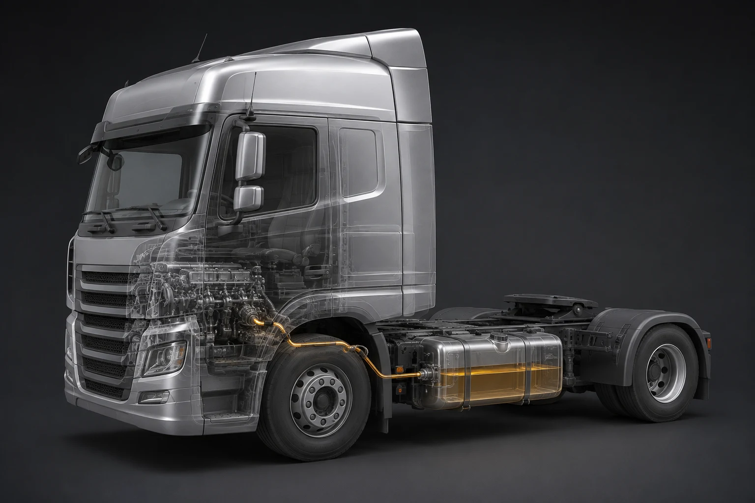 Conceptual illustration of a truck with its fuel tank and fuel line visible
