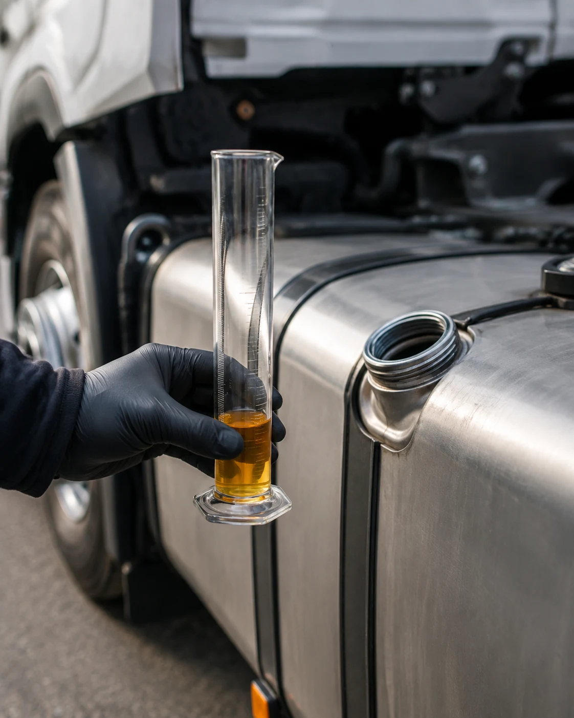 Gloved hand holding a measuring vessel beside a truck fuel tank